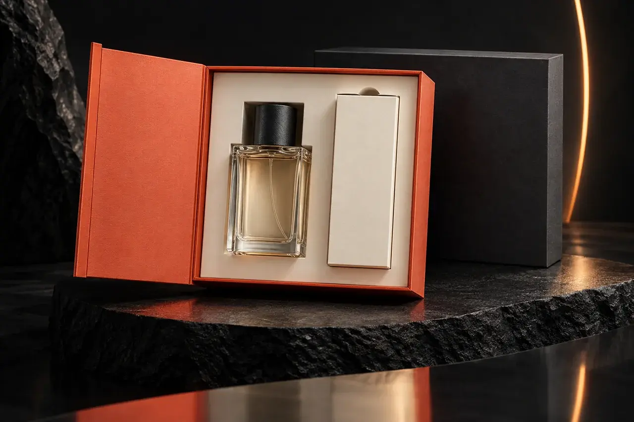 AI-generated fragrance packaging concept with a coral presentation box and fitted perfume insert