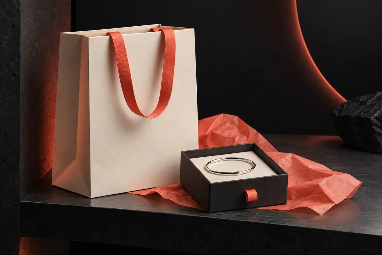 AI-generated fashion packaging concept with an ivory paper bag, coral ribbon handles and a jewelry drawer box