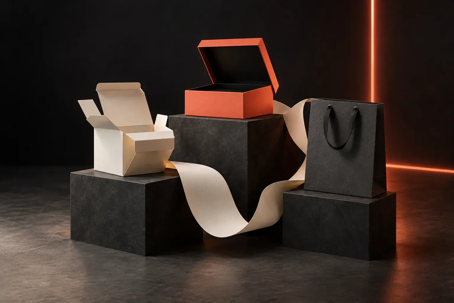AI-generated packaging concept with ivory and coral boxes, a charcoal paper bag and a flowing paper ribbon; not a factory photograph