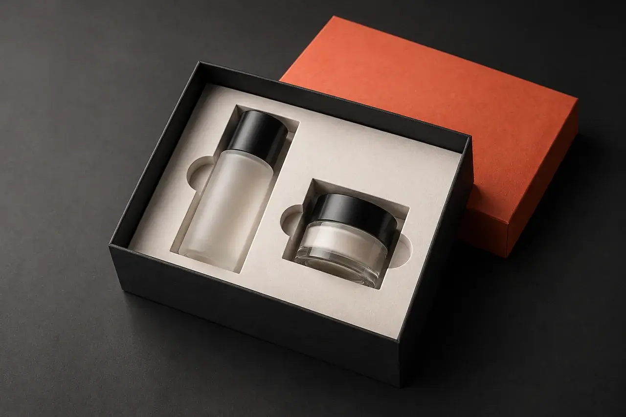 Illustrative skincare packaging with a fitted insert