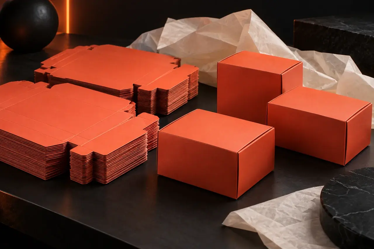 AI-generated production preparation concept with coral carton blanks and assembled cartons; not a factory photograph