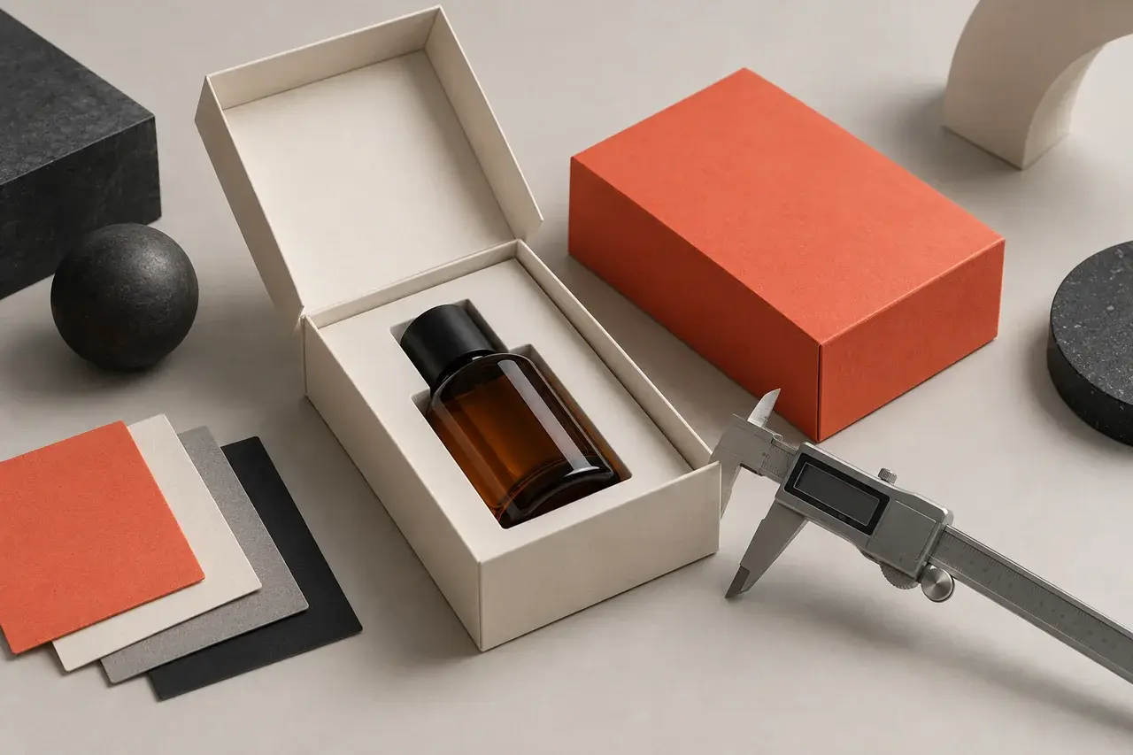 Illustrative sample-review setup with a caliper, carton, paper swatches and a product insert; not a factory inspection photograph