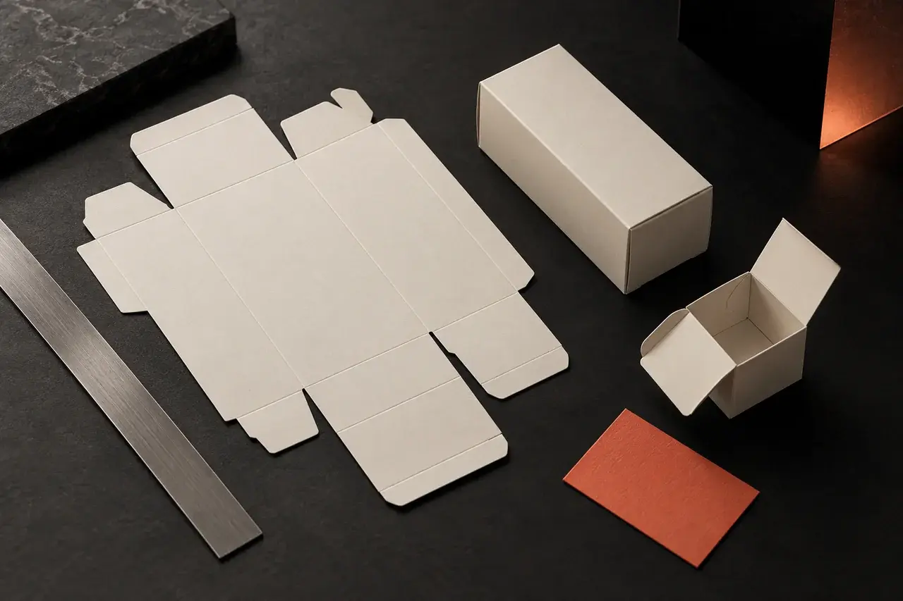 AI-generated structural development concept with a flat carton net and assembled ivory cartons