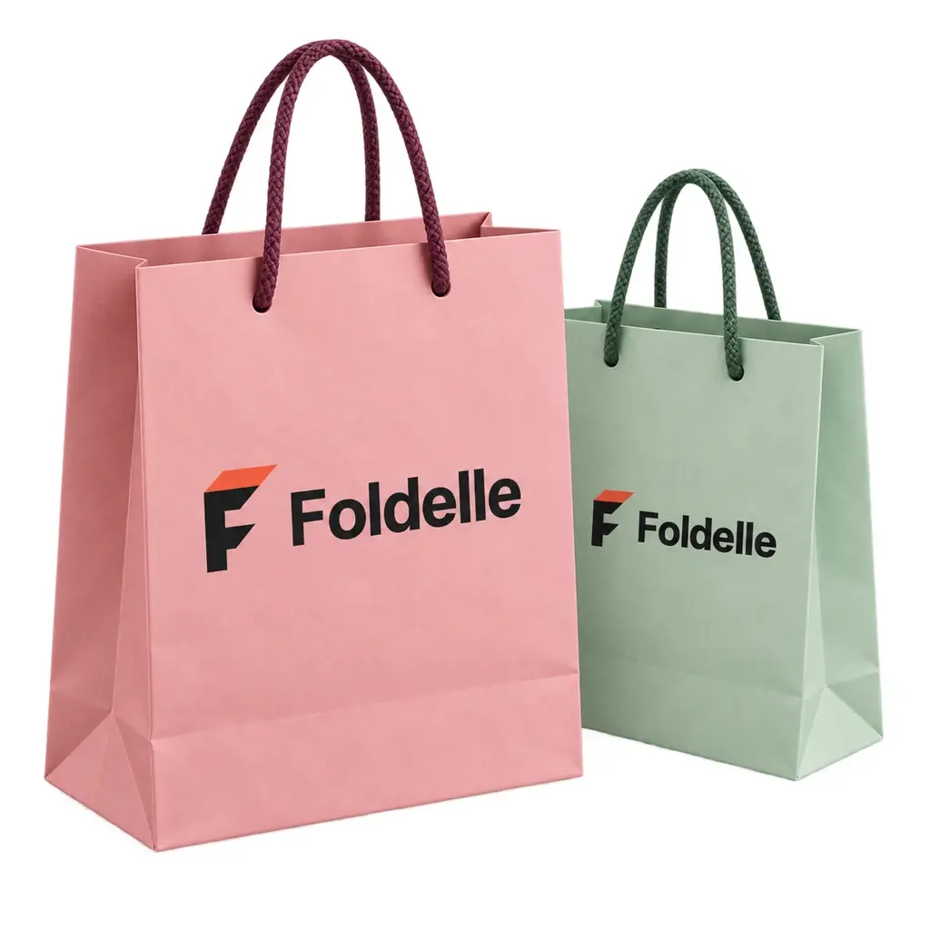 Pink and mint paper bags with Foldelle logos and contrasting cord handles
