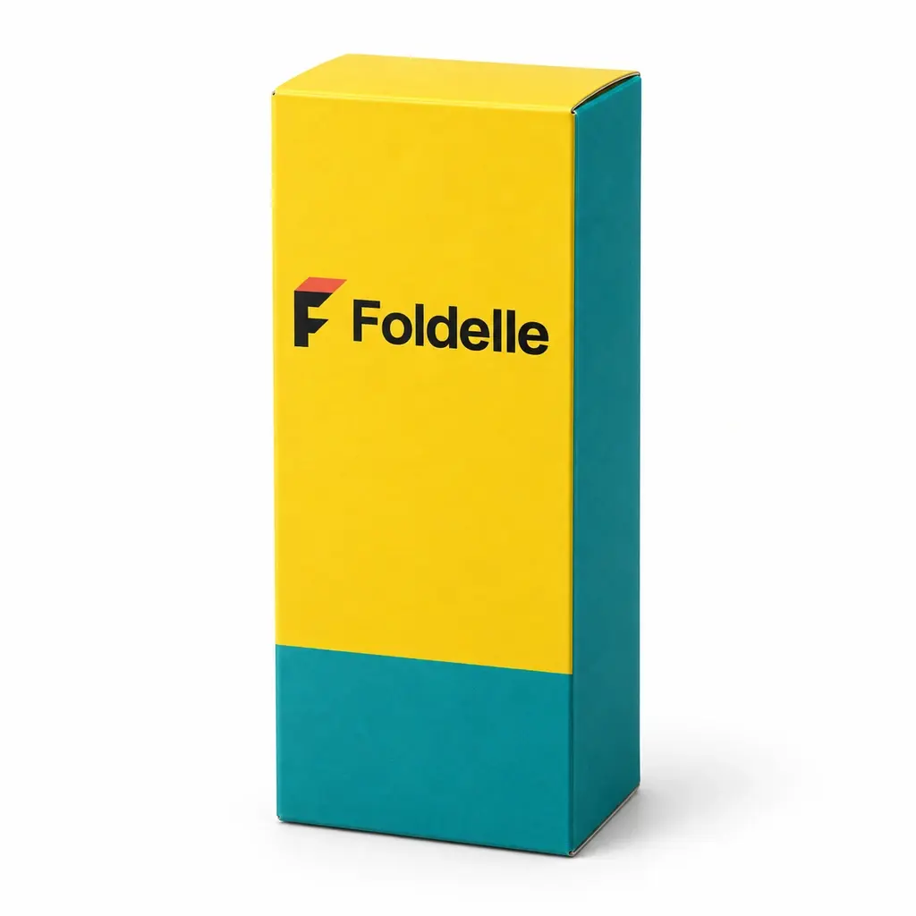 Yellow and teal straight tuck carton with Foldelle logo