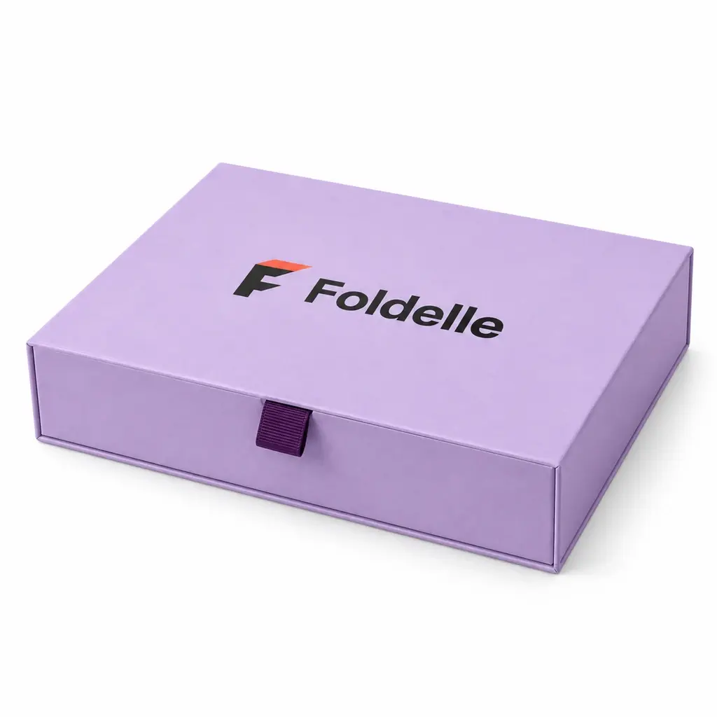 Lavender magnetic gift box with Foldelle logo and plum ribbon pull