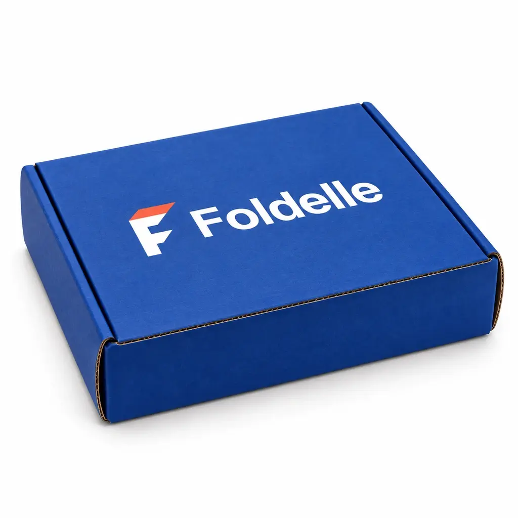 Cobalt blue roll-end mailer with white Foldelle logo