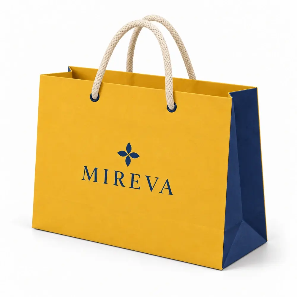 Alternate view of the saffron yellow with ink blue accents cotton-cord shopping bags with MIREVA artwork