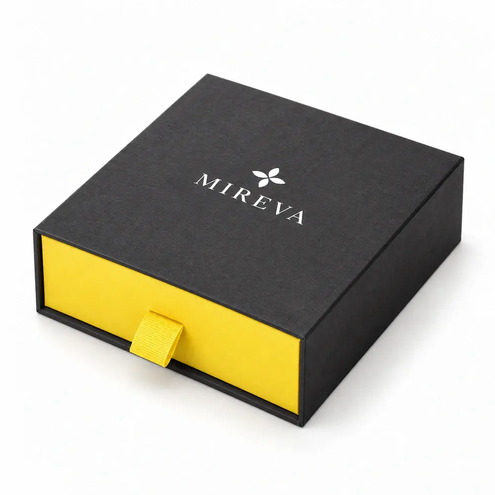 Alternate view of the charcoal with lemon yellow accents drawer presentation boxes with MIREVA artwork
