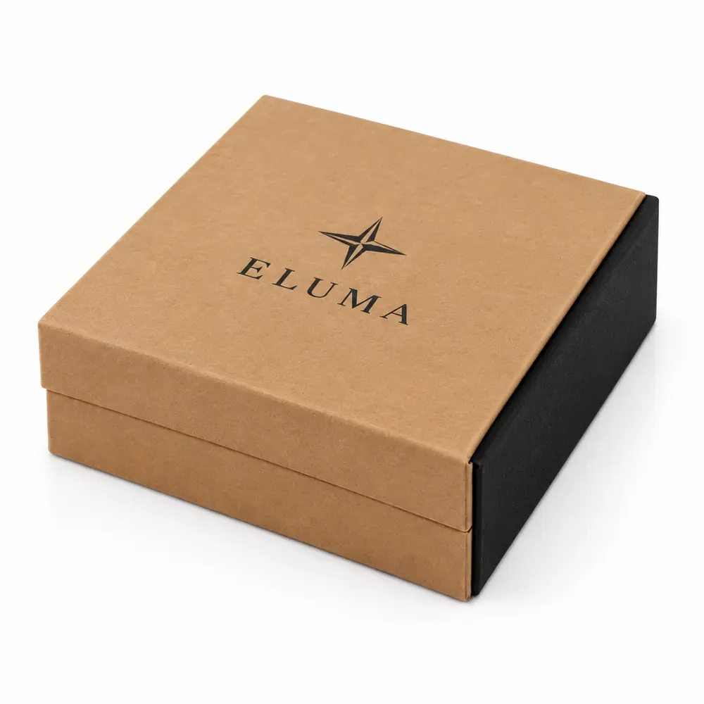 Alternate view of the warm kraft brown with black accents hinged keepsake boxes with ELUMA artwork