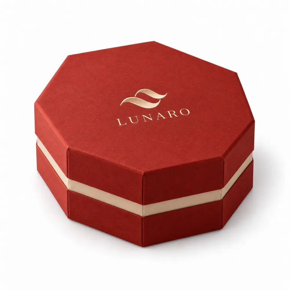 Alternate view of the brick red with sand accents octagonal gift boxes with LUNARO artwork