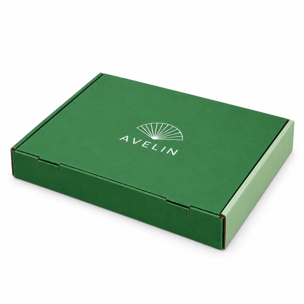 Alternate view of the grass green with pale mint accents roll-end mailer boxes with AVELIN artwork