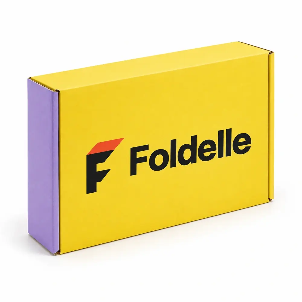 Alternate view of the lemon yellow with lilac accents side-loading mailers with Foldelle artwork
