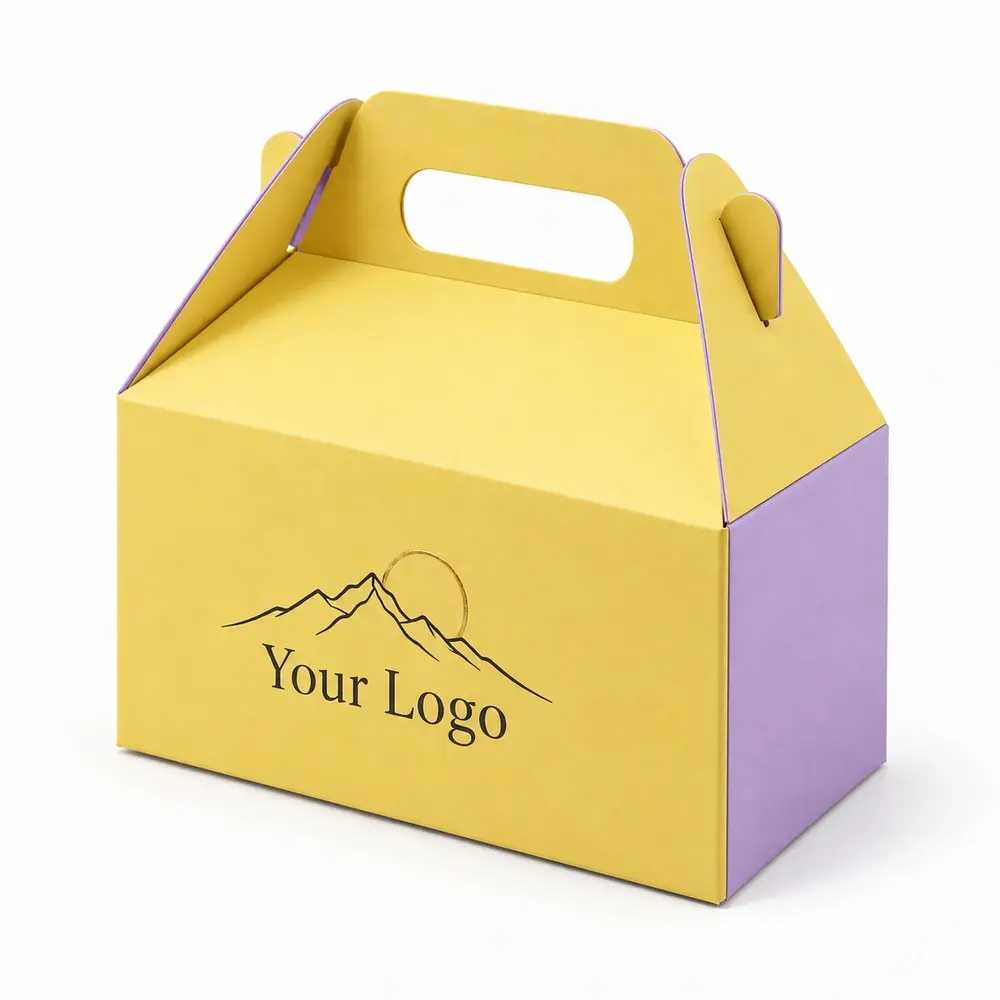Alternate view of the lemon yellow with lilac accents gable gift cartons with Your Logo artwork
