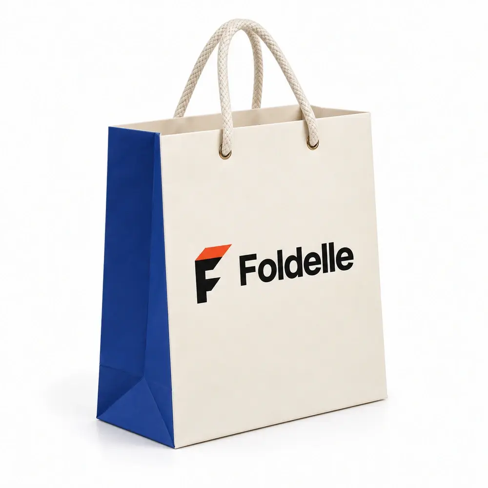 Alternate view of the cream with royal blue accents cotton-cord shopping bags with Foldelle artwork