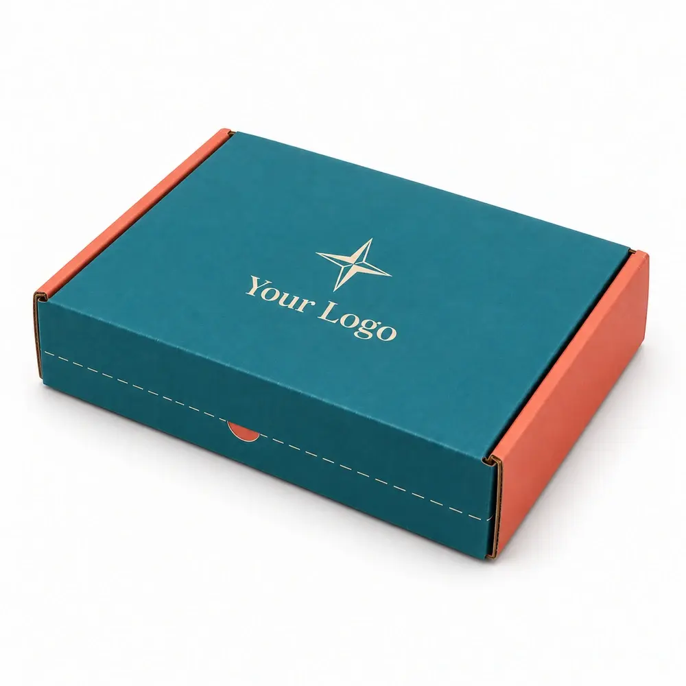 Alternate view of the kingfisher teal with coral accents resealable mailer boxes with Your Logo artwork