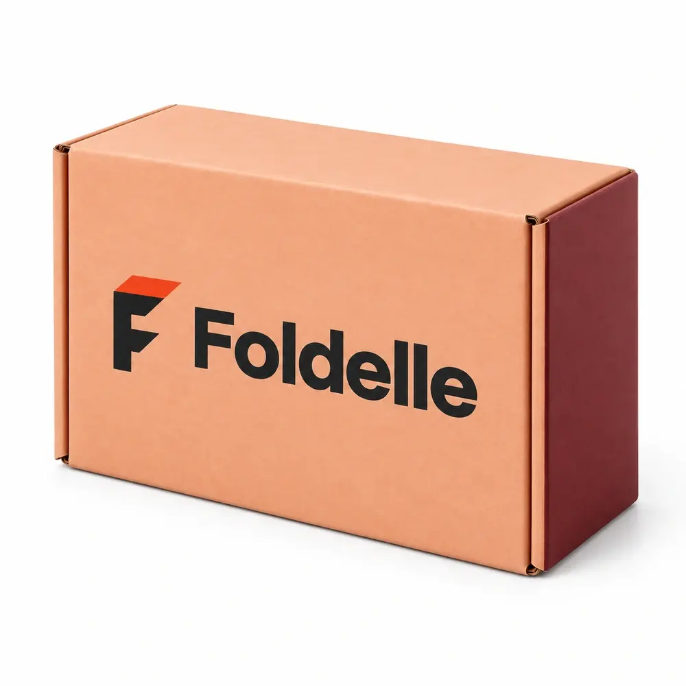 Alternate view of the peach with burgundy accents wraparound mailers with Foldelle artwork