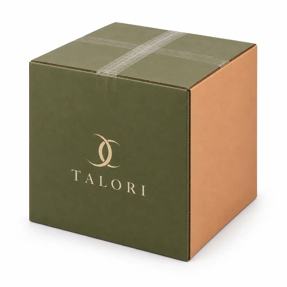 Alternate view of the olive green with apricot accents divided transit cartons with TALORI artwork