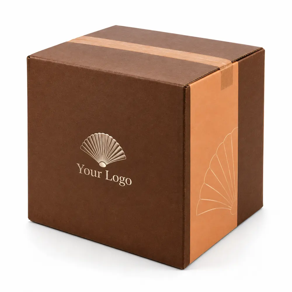 Alternate view of the chocolate brown with apricot accents regular slotted shippers with Your Logo artwork