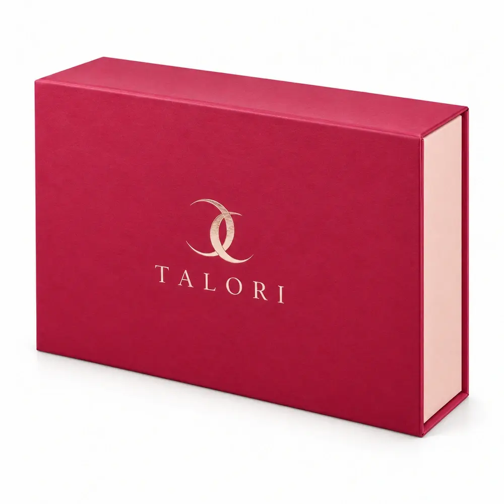 Alternate view of the raspberry with blush accents collapsible magnetic boxes with TALORI artwork