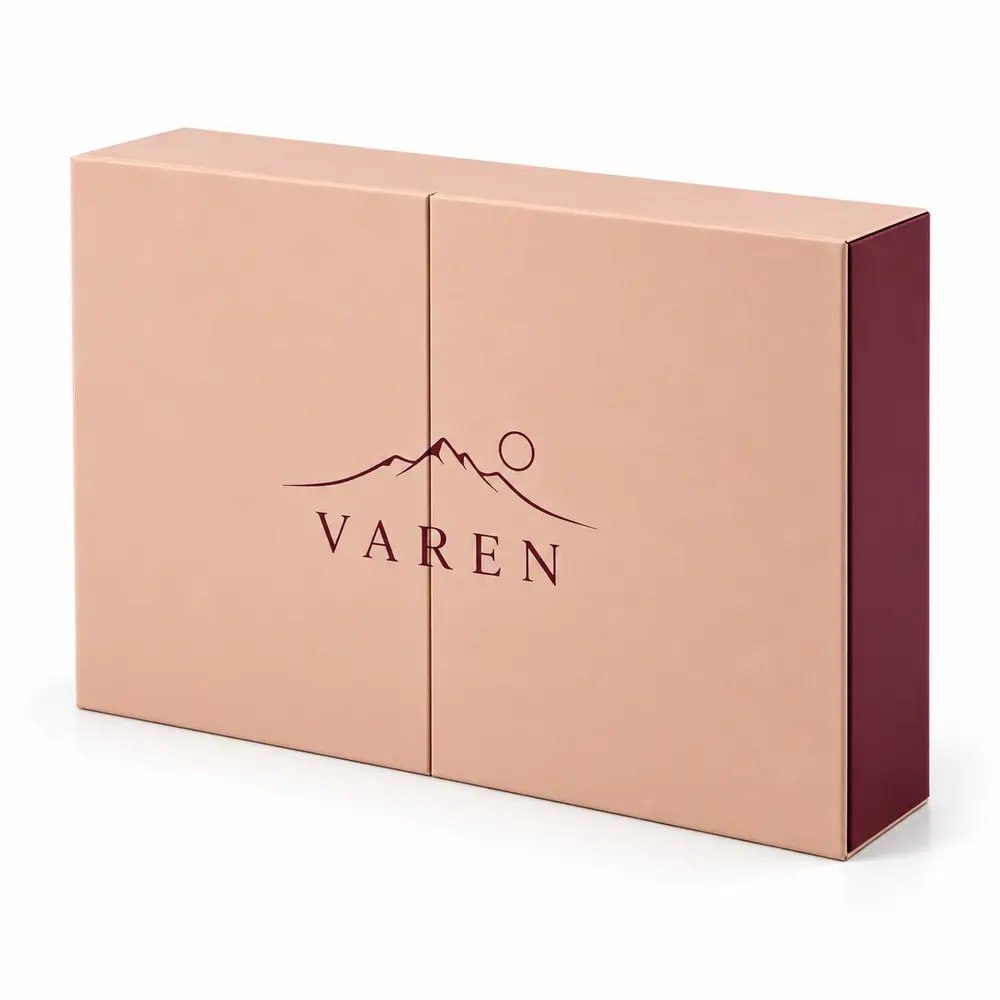 Alternate view of the peach with burgundy accents double-door gift boxes with VAREN artwork