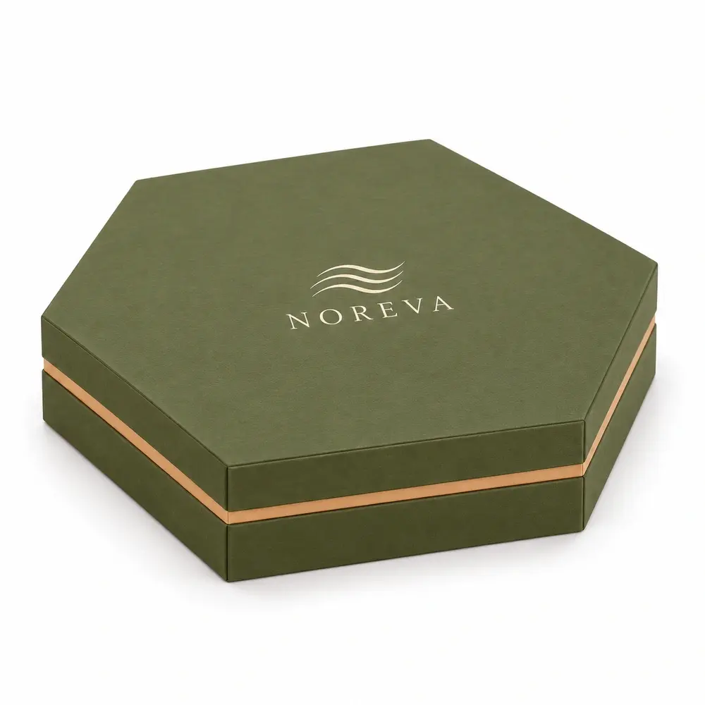 Alternate view of the olive green with apricot accents hexagonal magnetic boxes with NOREVA artwork