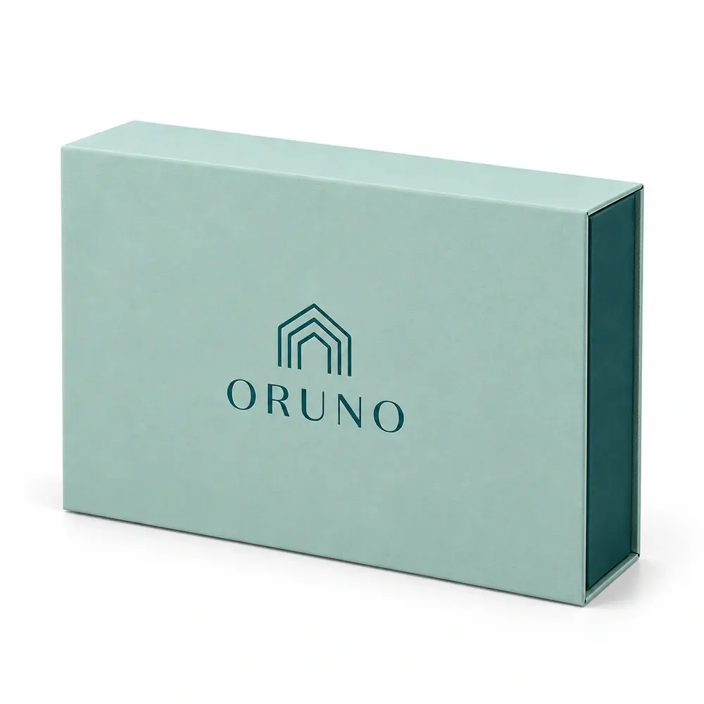 Alternate view of the seafoam with deep teal accents magnetic book boxes with ORUNO artwork