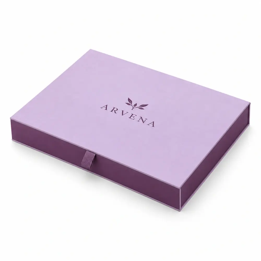 Alternate view of the powder lilac with aubergine accents ribbon magnetic presentation boxes with ARVENA artwork