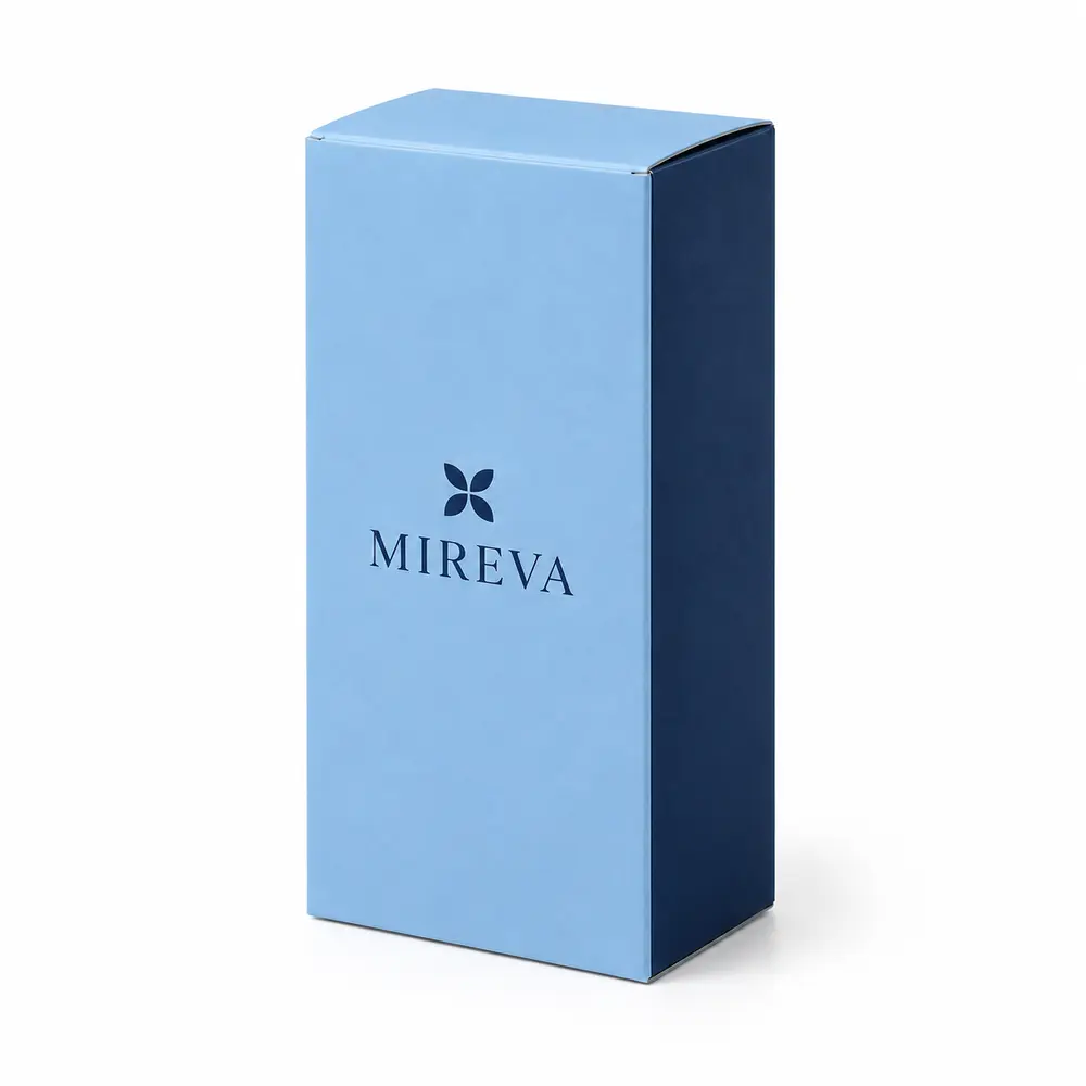 Alternate view of the sky blue with navy accents auto-lock base cartons with MIREVA artwork