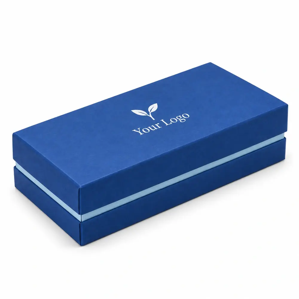 Alternate view of the cobalt blue with ice blue accents folding lid & base cartons with Your Logo artwork