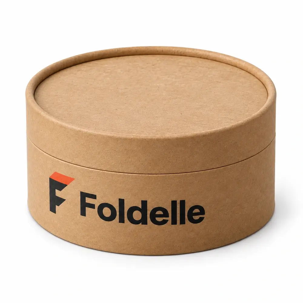 Alternate view of the warm kraft brown with black accents paper end-cap tubes with Foldelle artwork