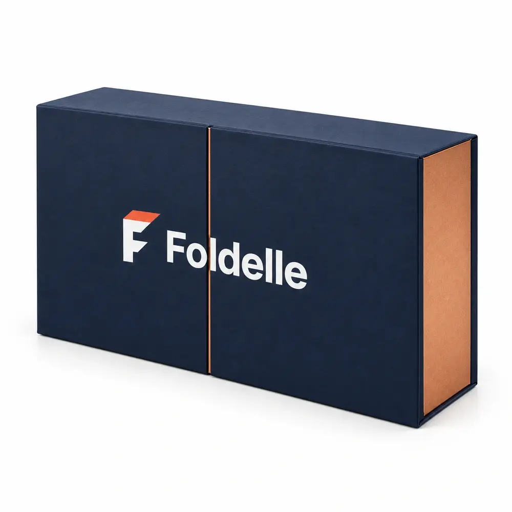 Alternate view of the navy with copper accents double-door gift boxes with Foldelle artwork