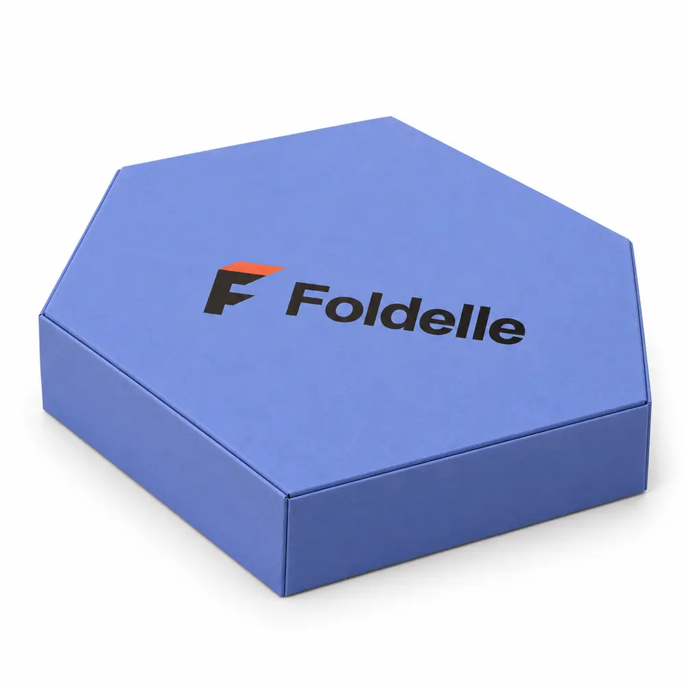 Alternate view of the periwinkle with ivory accents hexagonal magnetic boxes with Foldelle artwork