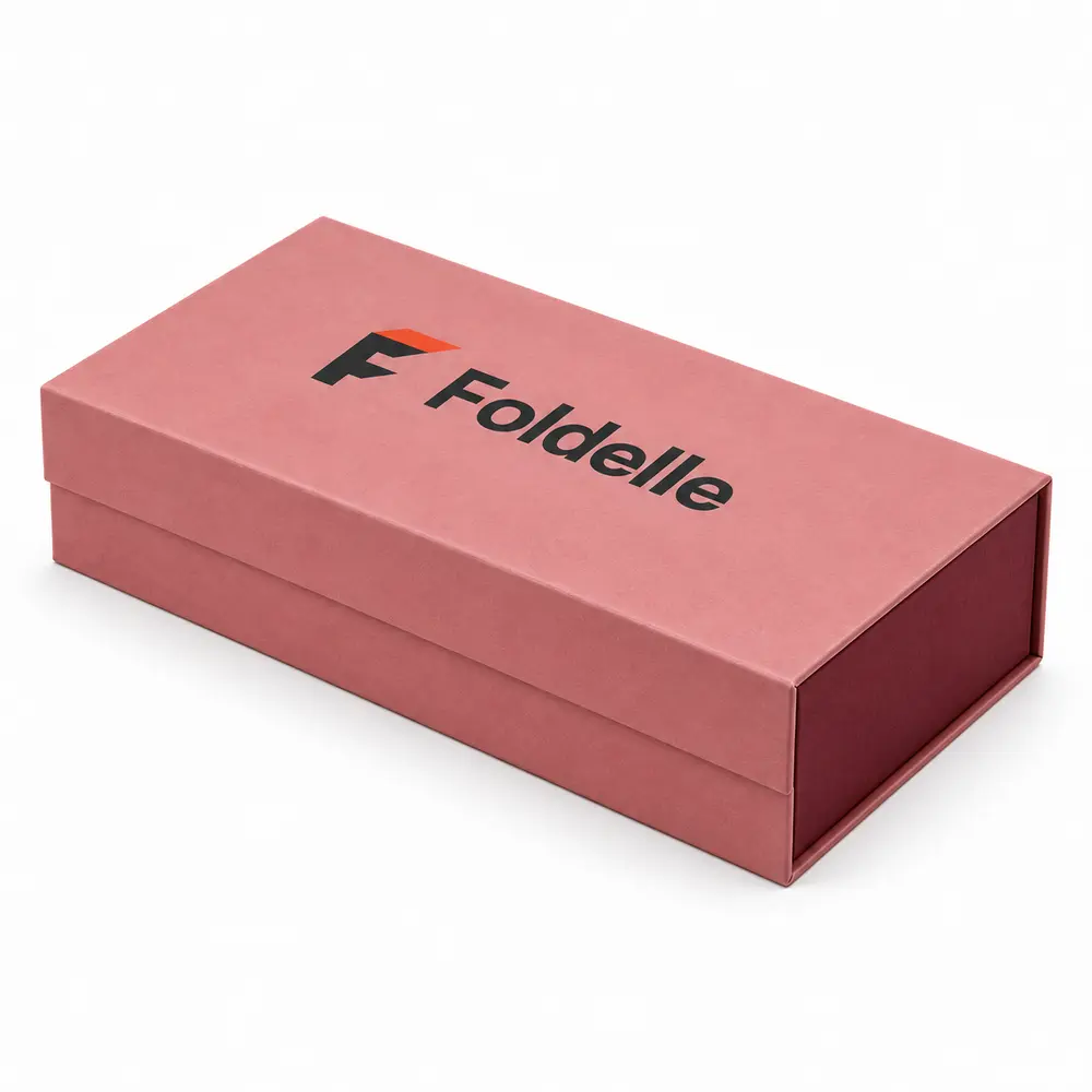 Alternate view of the dusty rose with burgundy accents magnetic book boxes with Foldelle artwork