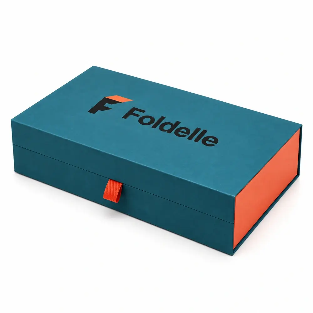 Alternate view of the kingfisher teal with coral accents ribbon magnetic presentation boxes with Foldelle artwork