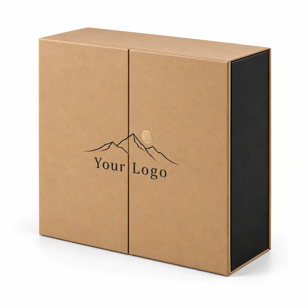 Alternate view of the warm kraft brown with black accents double-door gift boxes with Your Logo artwork