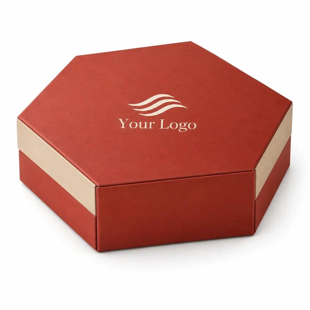 Alternate view of the brick red with sand accents hexagonal magnetic boxes with Your Logo artwork