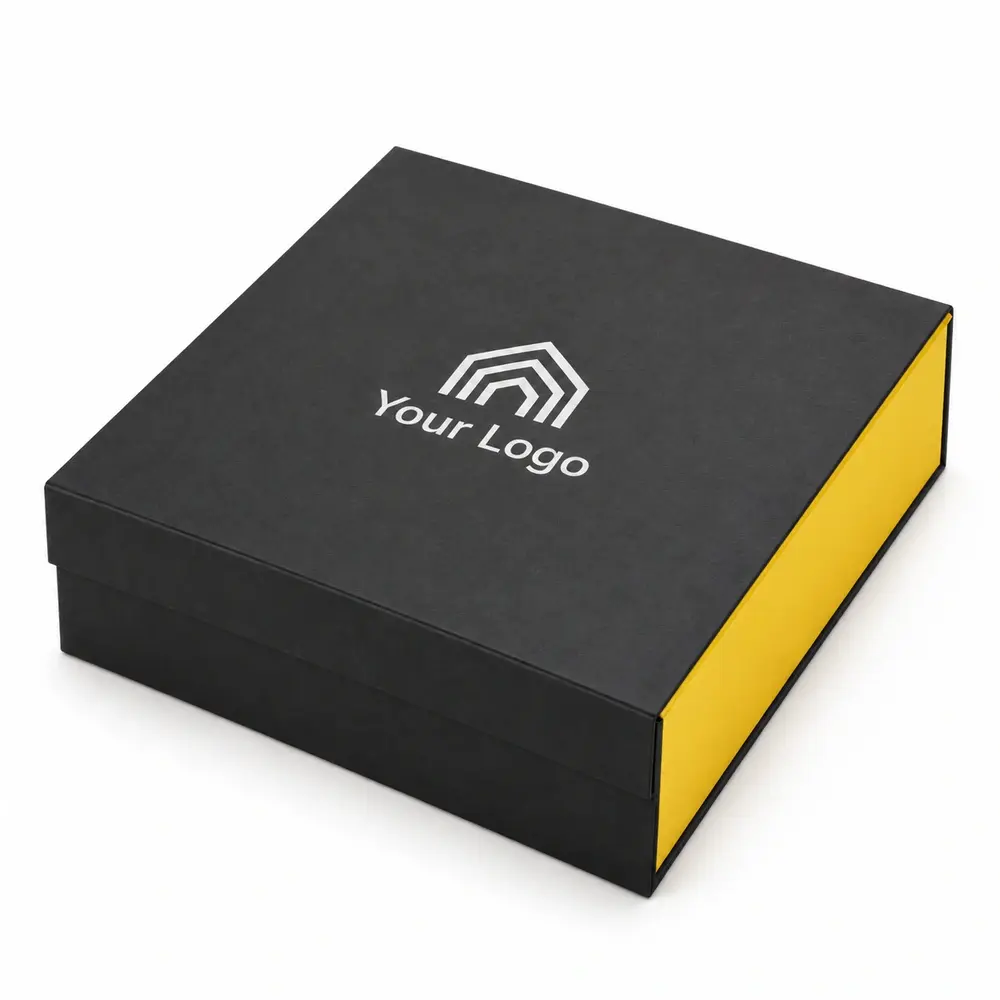Alternate view of the charcoal with lemon yellow accents magnetic book boxes with Your Logo artwork