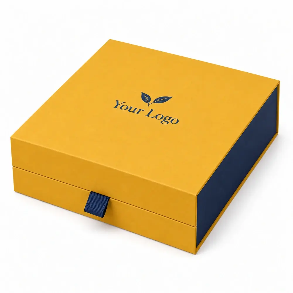 Alternate view of the saffron yellow with ink blue accents ribbon magnetic presentation boxes with Your Logo artwork