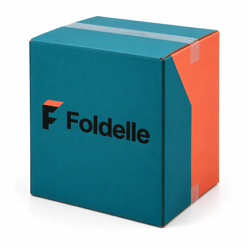 Alternate view of the kingfisher teal with coral accents divided transit cartons with Foldelle artwork