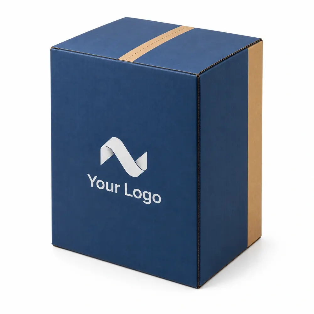 Alternate view of the denim blue with ochre accents return shipping cartons with Your Logo artwork