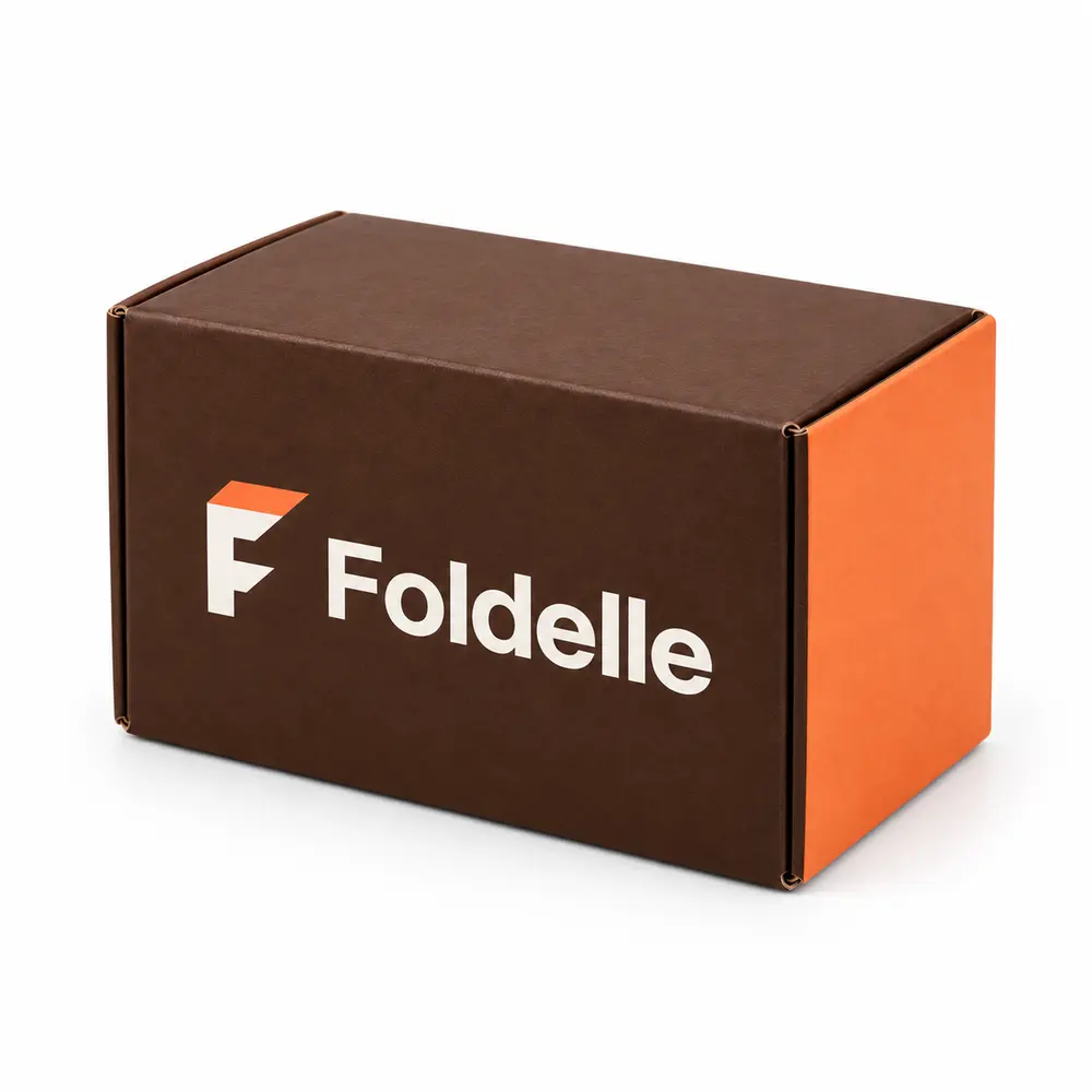 Alternate view of the chocolate brown with apricot accents auto-lock base cartons with Foldelle artwork
