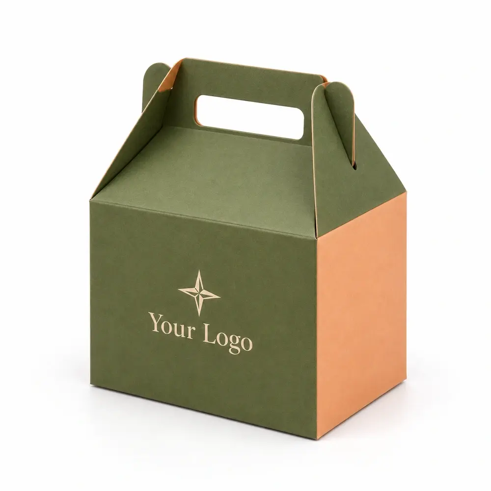 Alternate view of the olive green with apricot accents gable gift cartons with Your Logo artwork