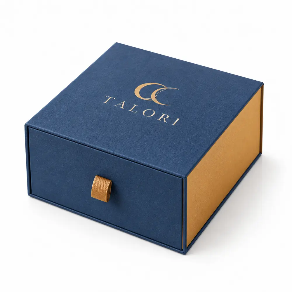 Alternate view of the denim blue with ochre accents drawer presentation boxes with TALORI artwork