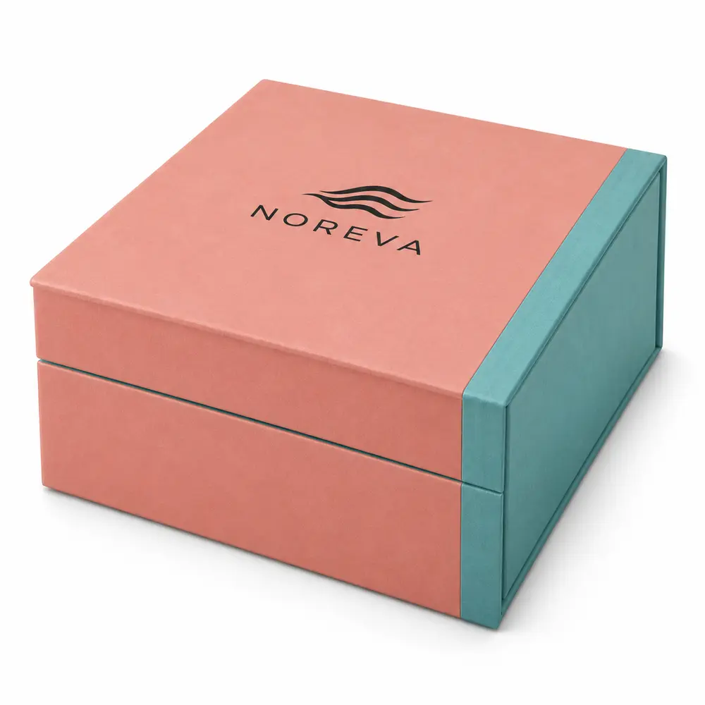 Alternate view of the salmon pink with turquoise accents hinged keepsake boxes with NOREVA artwork