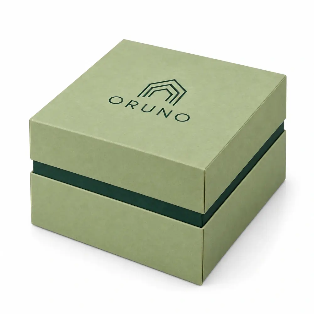 Alternate view of the pistachio with forest green accents lid & base boxes with ORUNO artwork