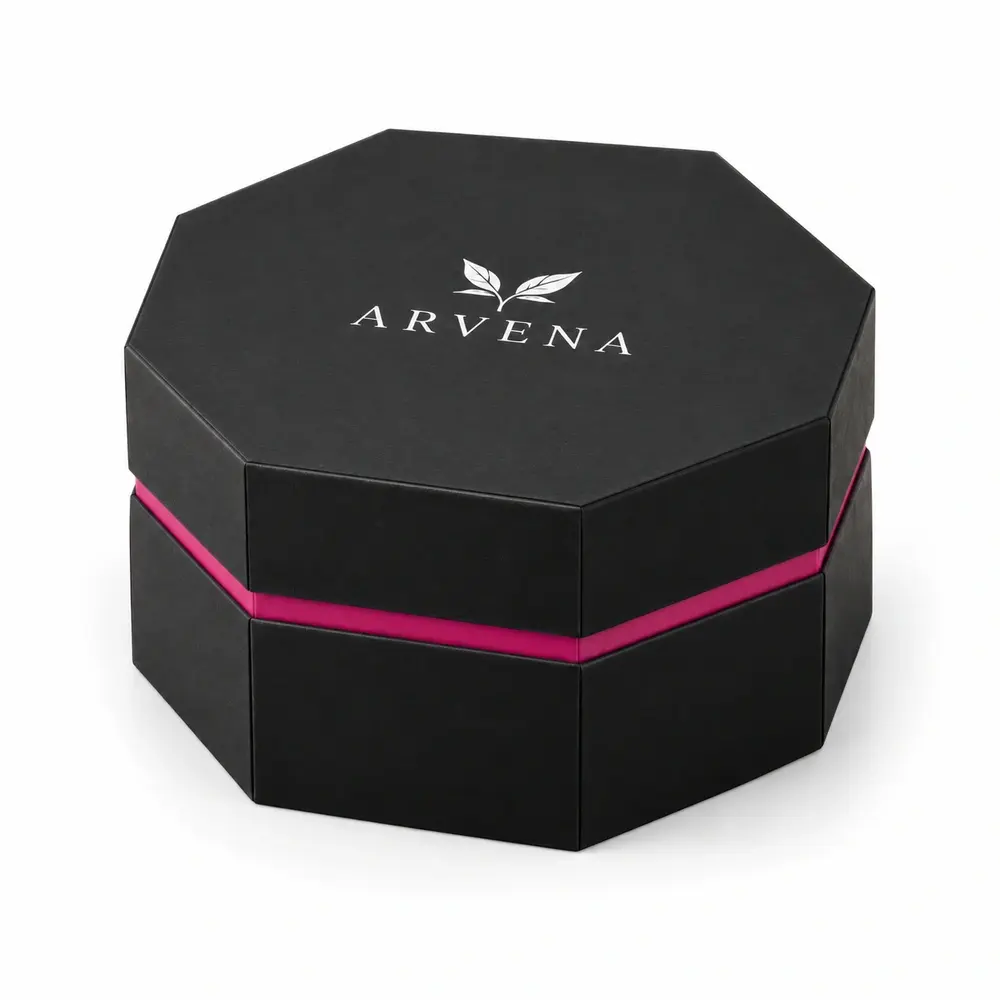 Alternate view of the black with fuchsia accents octagonal gift boxes with ARVENA artwork