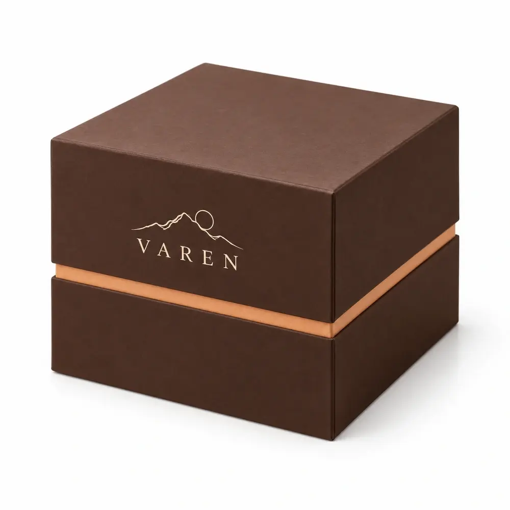 Alternate view of the chocolate brown with apricot accents shoulder presentation boxes with VAREN artwork