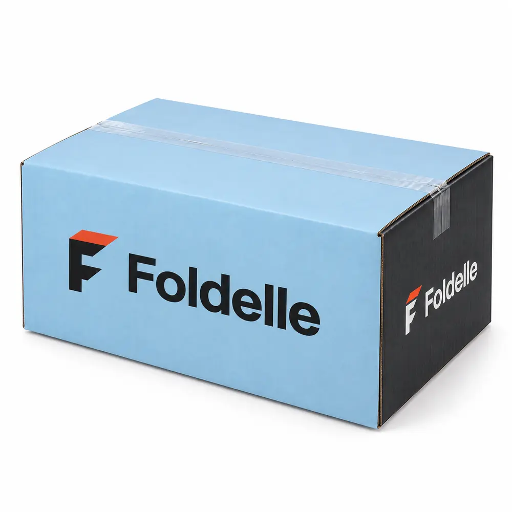 Alternate view of the glacier blue with charcoal accents divided transit cartons with Foldelle artwork