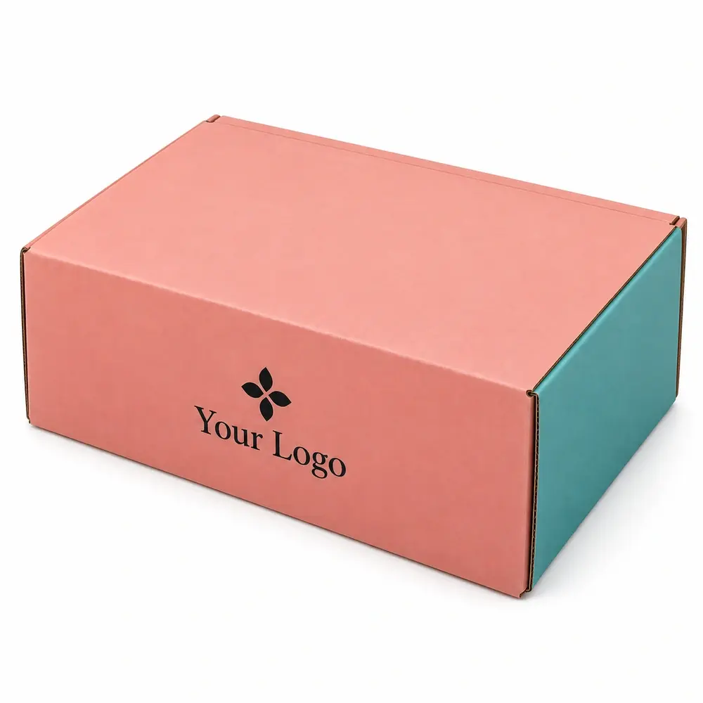 Alternate view of the salmon pink with turquoise accents full-overlap shippers with Your Logo artwork